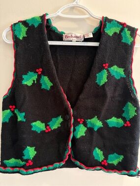 Bechamel Black Knit Vest with Green and Red Trim